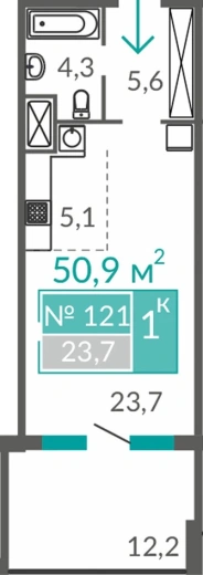 Апартаменты 1-комн. 50.3 кв.м