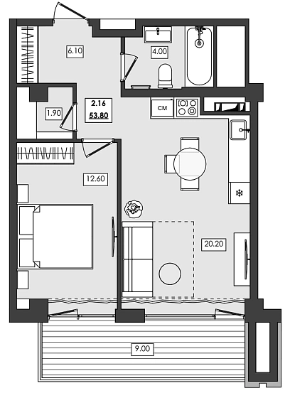 Апартаменты 2-комн. 53.8 кв. м