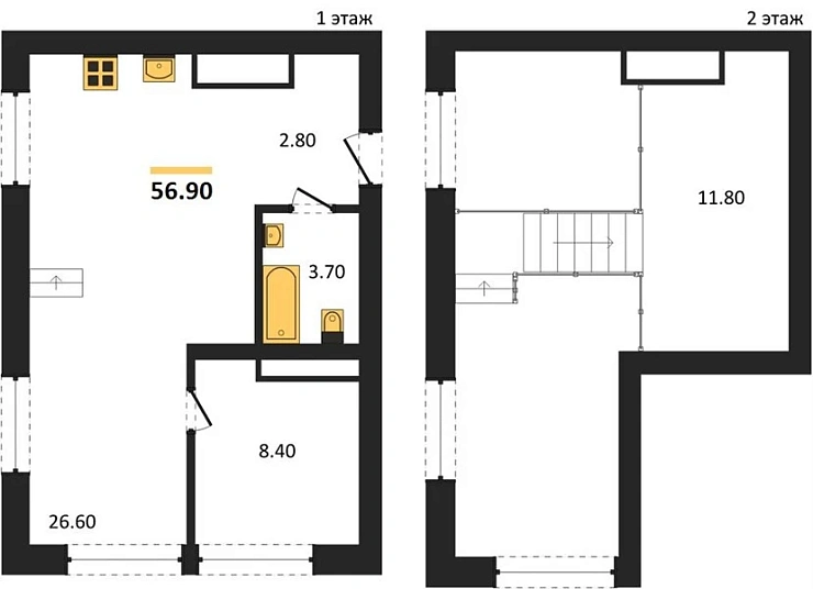 Квартира 1-комн. 56.9 кв. м