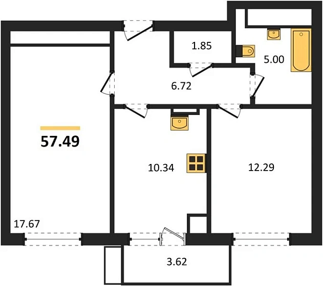 Квартира 2-комн. 57.49 кв. м