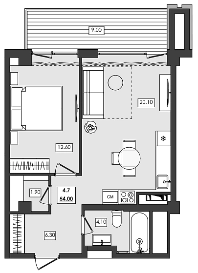 Апартаменты 2-комн. 54 кв. м