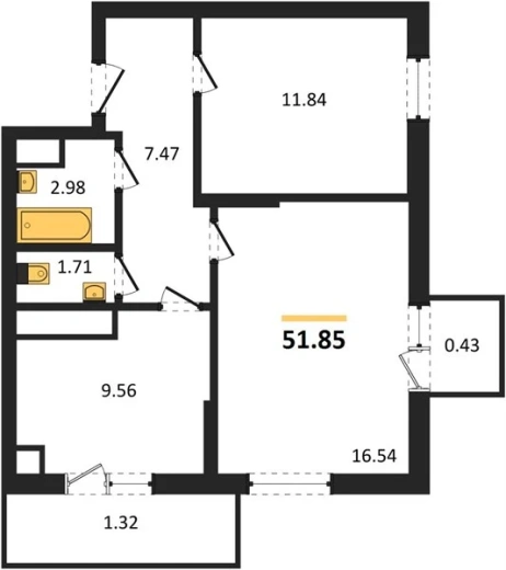 Квартира 2-комн. 52.89 кв. м
