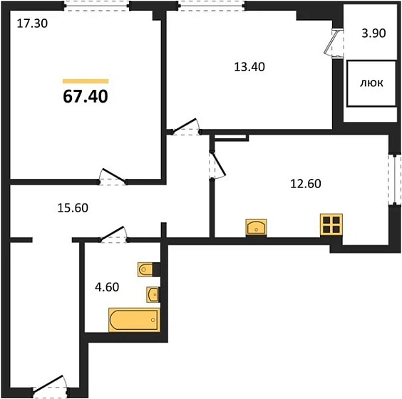 Квартира 2-комн. 67.4 кв. м
