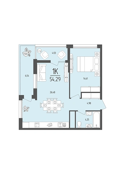 Квартира 1-комн. 54.29 кв. м
