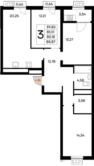 Квартира 3-комн. 85.87 кв. м