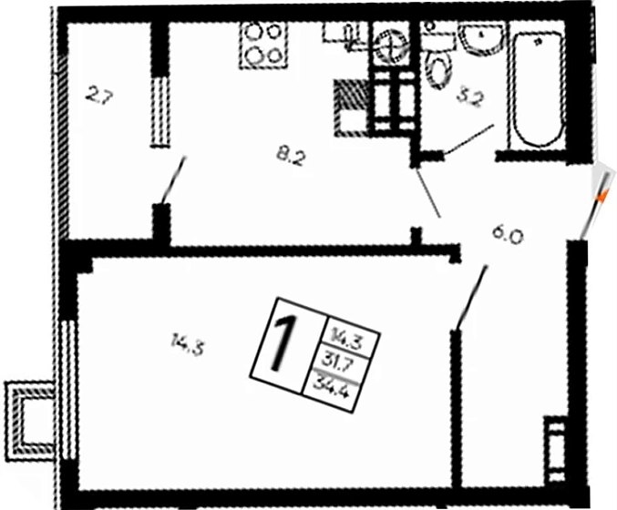 Квартира 1-комн. 34.4 кв. м