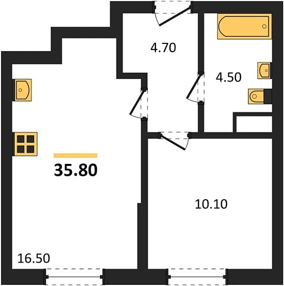 Квартира 1-комн. 35.8 кв. м