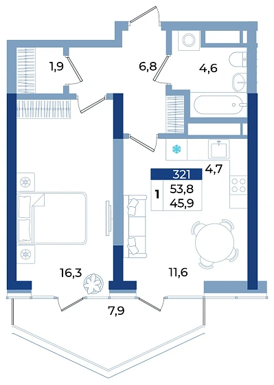 Апартаменты 1-комн. 53.8 кв.м