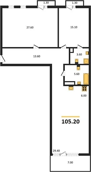 Квартира 2-комн. 105.2 кв. м