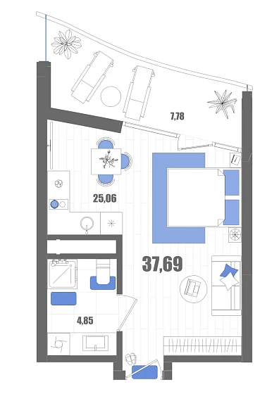 Апартаменты Студия 37.69 кв. м