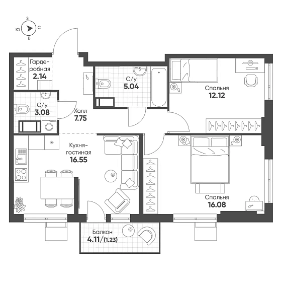 Квартира 2-комн. 64 кв. м