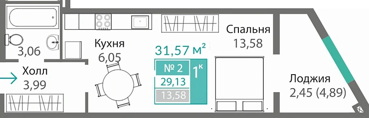 Квартира 1-комн. 29.13 кв.м