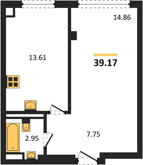 Квартира 1-комн. 39.17 кв. м