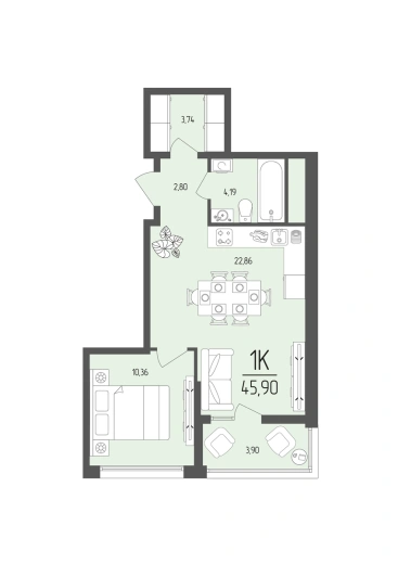 Квартира 1-комн. 45.9 кв. м