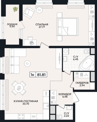 Квартира 1-комн. 81.81 кв. м