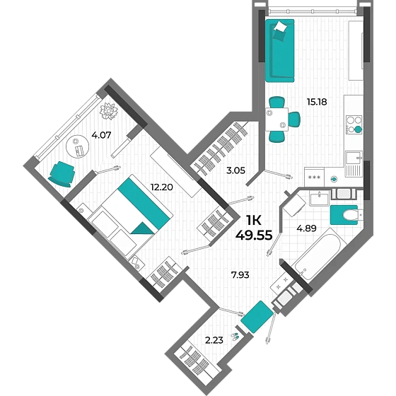 Квартира 1-комн. 49.55 кв. м