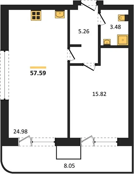 Апартаменты 1-комн. 57.59 кв. м