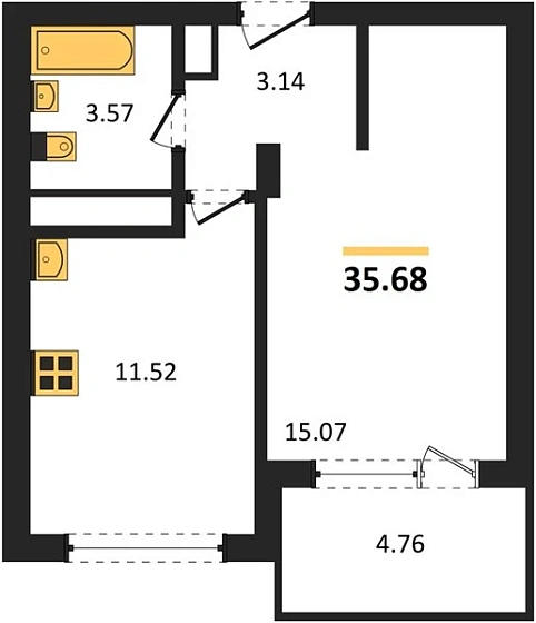 Квартира 1-комн. 35.68 кв. м