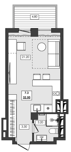 Апартаменты 1-комн. 32.5 кв. м