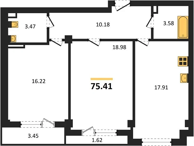 Апартаменты 2-комн. 75.41 кв. м