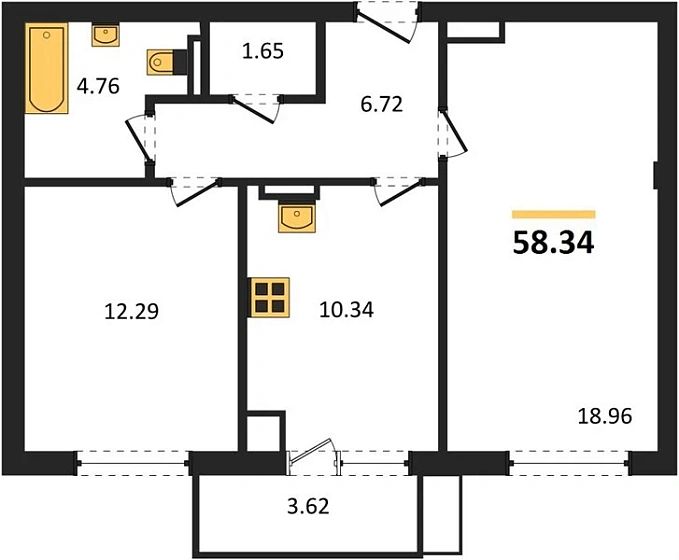 Квартира 2-комн. 58.34 кв. м