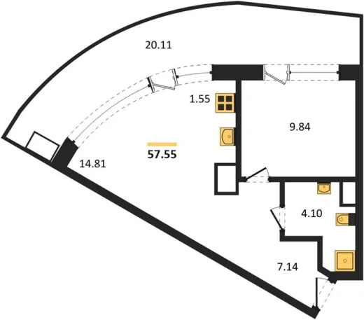 Апартаменты 1-комн. 57.55 кв. м