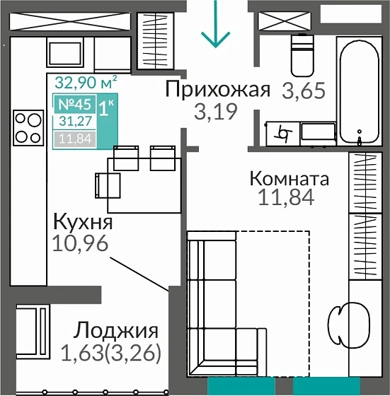 Квартира 1-комн. 31.27 кв.м