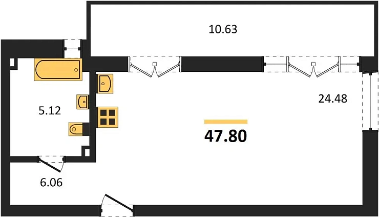 Квартира 1-комн. 47.8 кв. м