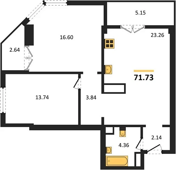 Квартира 2-комн. 71.73 кв. м