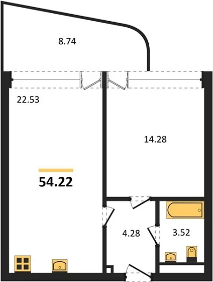 Апартаменты 1-комн. 54.22 кв. м