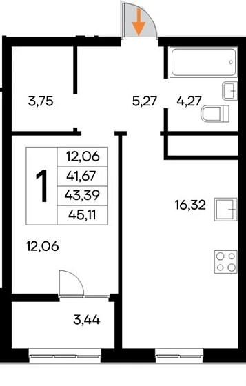 Квартира 1-комн. 45.11 кв. м