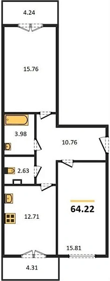 Квартира 2-комн. 64.22 кв. м