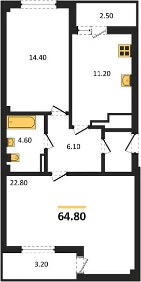 Квартира 2-комн. 64.8 кв. м