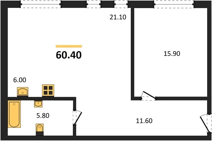 Квартира 1-комн. 60.4 кв. м
