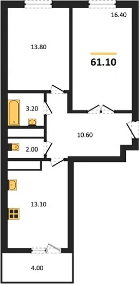 Квартира 2-комн. 61.1 кв. м