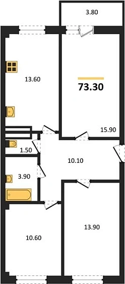 Квартира 3-комн. 73.3 кв. м