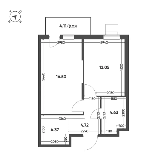 Квартира 1-комн. 43.5 кв. м