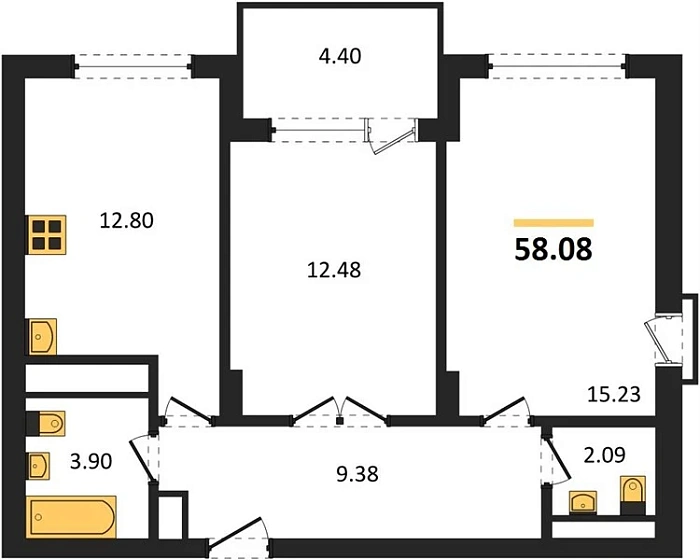 Квартира 2-комн. 58.08 кв. м