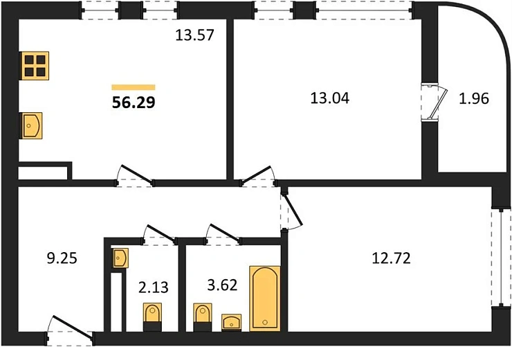 Квартира 2-комн. 56.29 кв. м