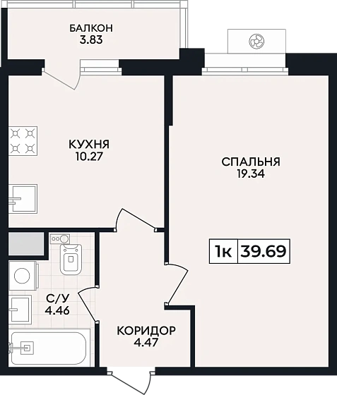 Квартира 1-комн. 39.69 кв. м