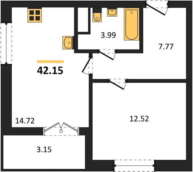 Квартира 1-комн. 42.15 кв. м