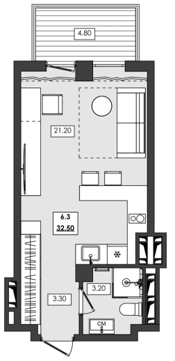 Апартаменты 1-комн. 32.5 кв. м