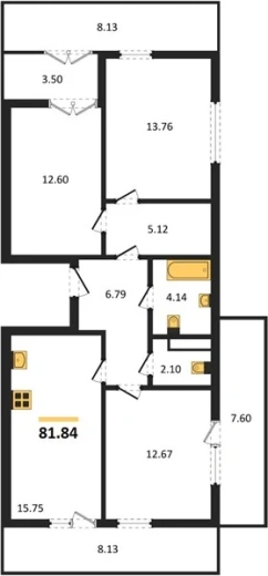 Квартира 3-комн. 81.84 кв. м