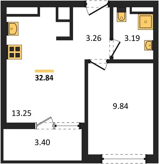 Квартира 1-комн. 32.84 кв. м