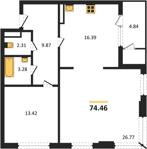Квартира 2-комн. 74.46 кв. м