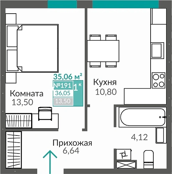 Квартира 1-комн. 35.06 кв.м