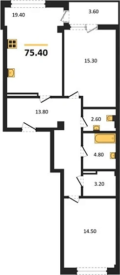 Квартира 2-комн. 74.7 кв. м