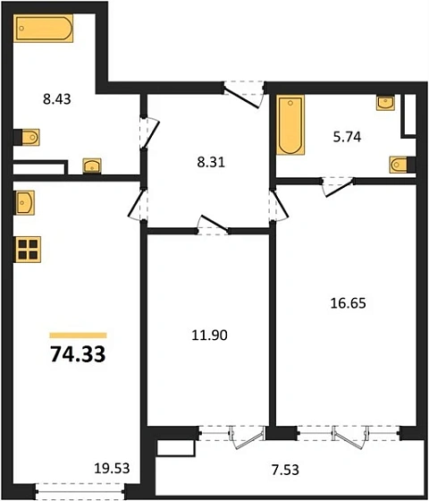 Квартира 2-комн. 74.33 кв. м