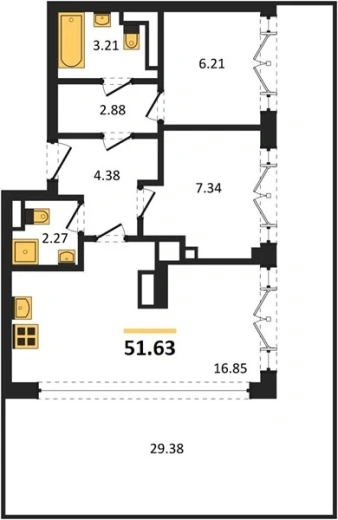 Квартира 2-комн. 51.63 кв. м