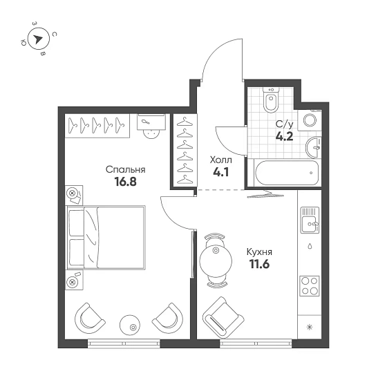 Квартира 1-комн. 36.7 кв. м